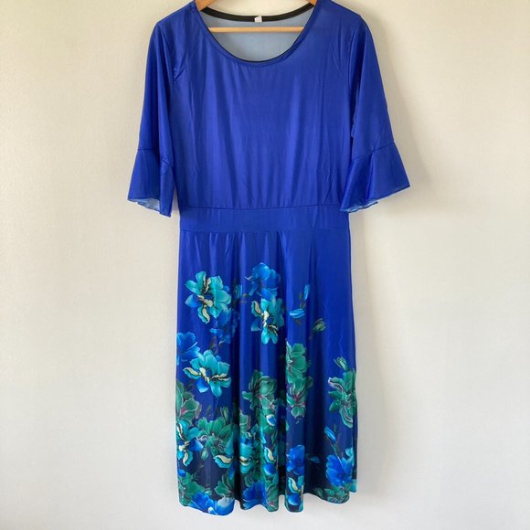 Dresses & Skirts - Women's Blue Synthetic Aquamarine Floral Dress UK Size 14/16